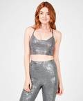 Chaturanga Disco Foil Yoga Bra, Gunmetal Glitter Print | Sweaty Betty