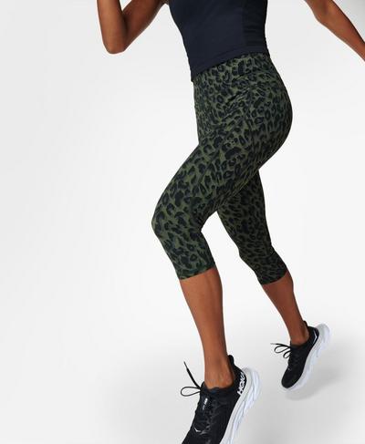 Zero Gravity High-Waisted Cropped Running Leggings, Olive Green Leopard Print | Sweaty Betty