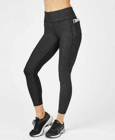 Zero Gravity High Waisted Glitter 7/8 Running Leggings, Black | Sweaty Betty