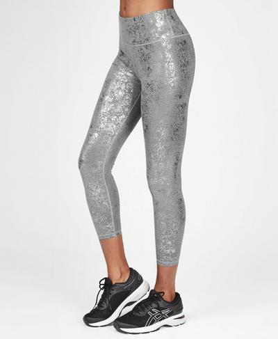 Disco Foil High Waisted 7/8 Workout Leggings, Gunmetal Glitter Print | Sweaty Betty