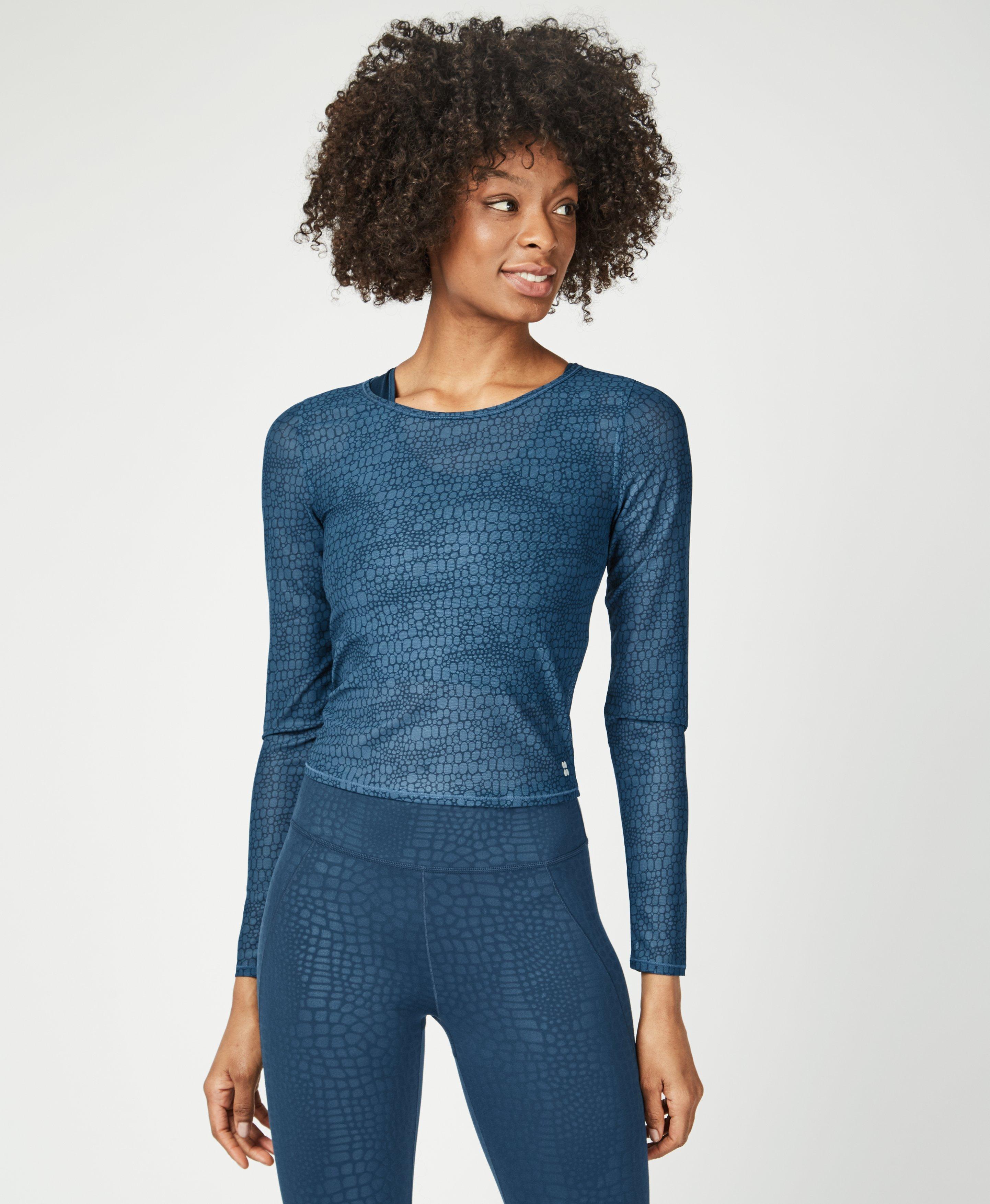 Momentum Workout Long Sleeve Top, Beetle Blue Croc Print | Sweaty Betty