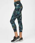Zero Gravity High Waisted 7/8 Running Leggings, Black Neon Tropical Print | Sweaty Betty