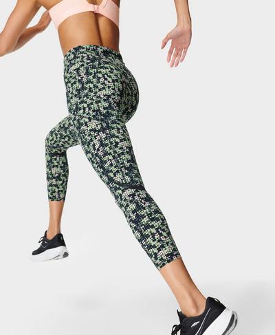 Zero Gravity High-Waisted 7/8 Running Leggings, Green SB Overlay Print | Sweaty Betty