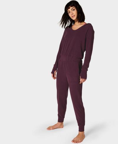 Hibernate Luxe Fleece-Jumpsuit, Plum Red | Sweaty Betty