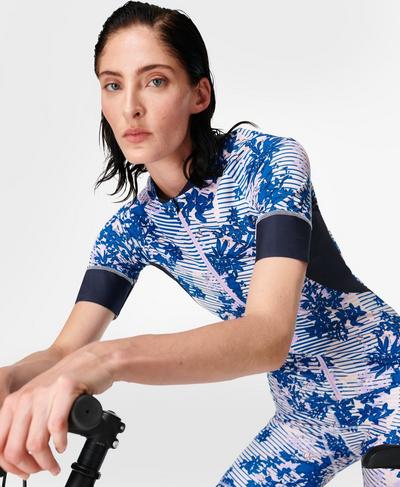 Biking Short Sleeve Jersey, Blue Floral Grid Print | Sweaty Betty
