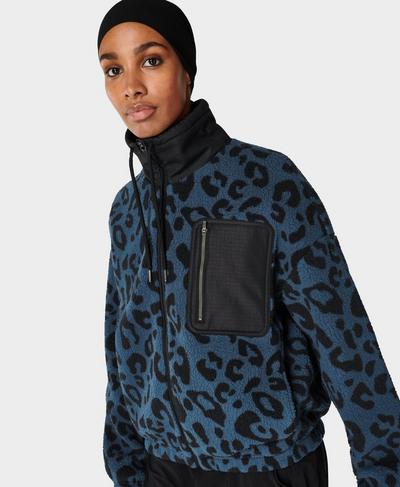 Out Of The Woods Zip Through, Blue Paint Leopard Print | Sweaty Betty
