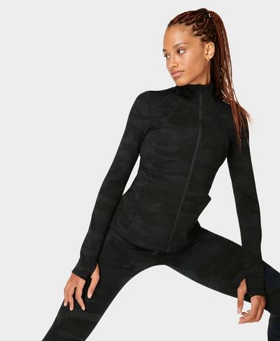 Boost Workout Zip Up, Ultra Black Camo Print | Sweaty Betty