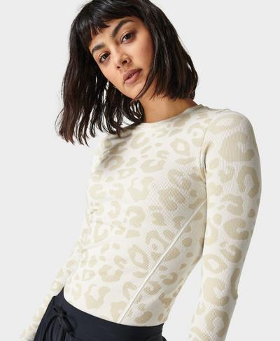 Glisten Seamless Long Sleeve Top , White Paint Leopard Jacquard | Sweaty Betty
