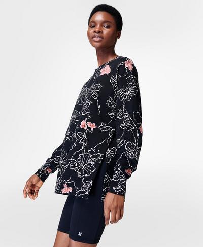 After Class Split Sweatshirt, Black Line Floral Print | Sweaty Betty
