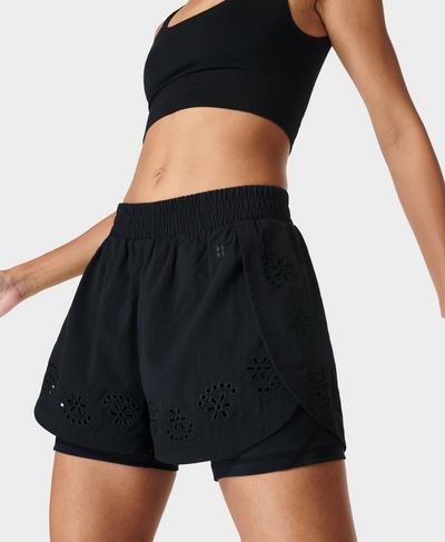 Broderie Anglaise Shorts, Black | Sweaty Betty