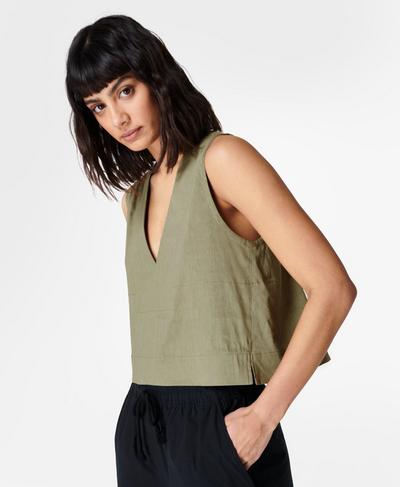 Rae Stretch Linen Vest, Eucalyptus Green | Sweaty Betty