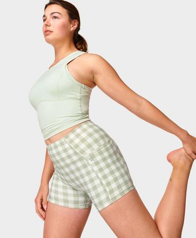 Super Soft 4" Bike Shorts, Green Check Print | Sweaty Betty
