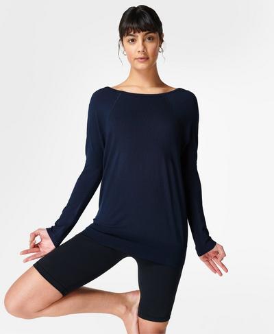Mindful Seamless Reversible Yoga Long Sleeve Top, Navy Blue | Sweaty Betty
