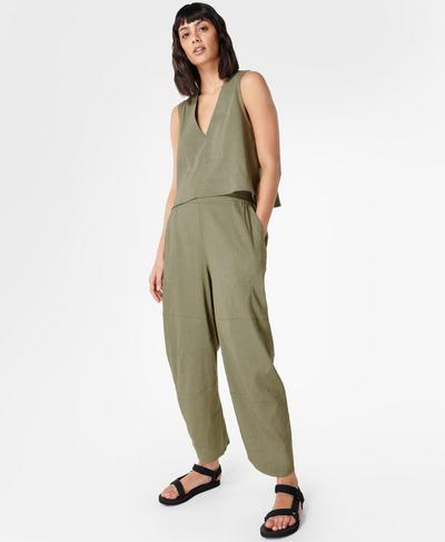 Rae Stretch Linen Trousers, Eucalyptus Green | Sweaty Betty