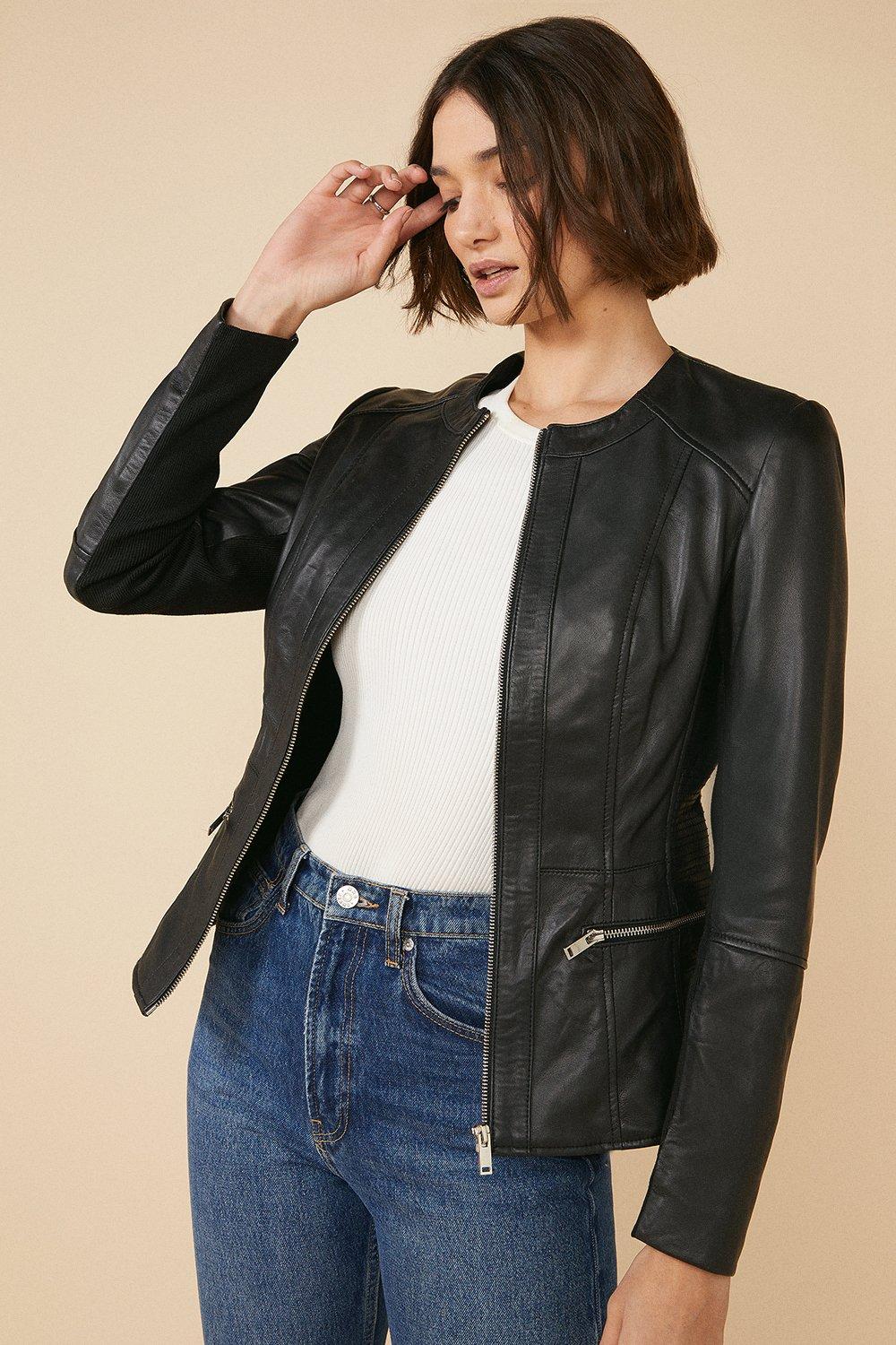 Collarless Leather Jacket