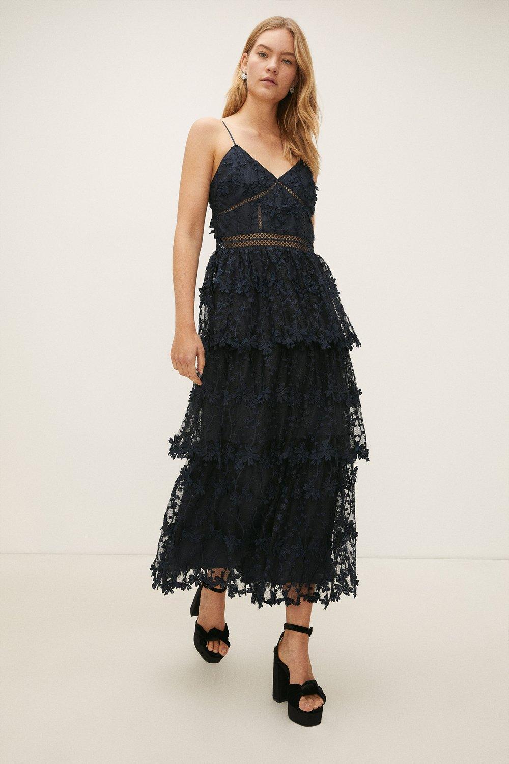 Lace Tiered Strappy Midi Dressnavy