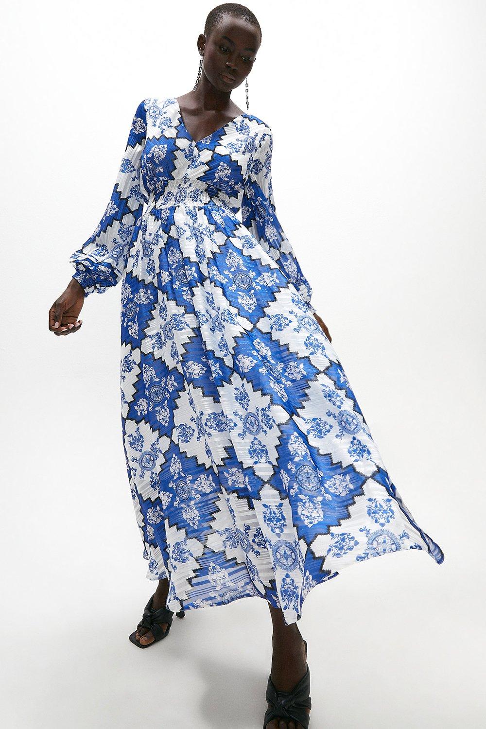 Long Sleeve Shirred Waist Maxi Dress - Blue