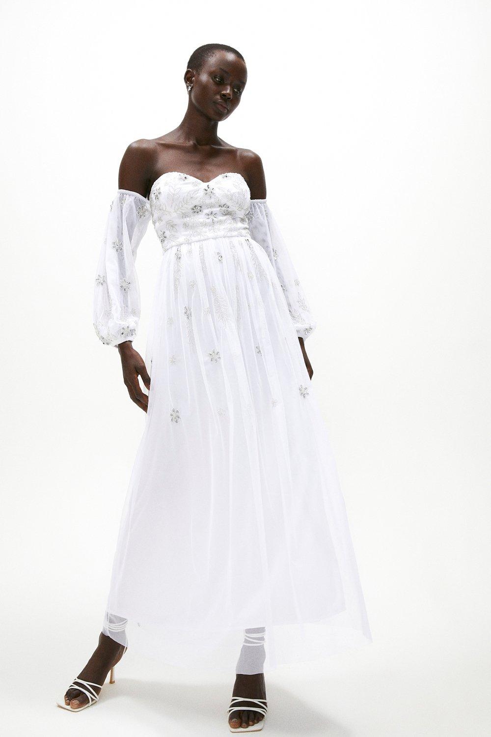 Embellished Bardot Maxi Dress - Ivory