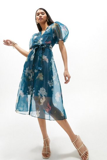 Floral Organza Tie Waist Shirt Dress ...