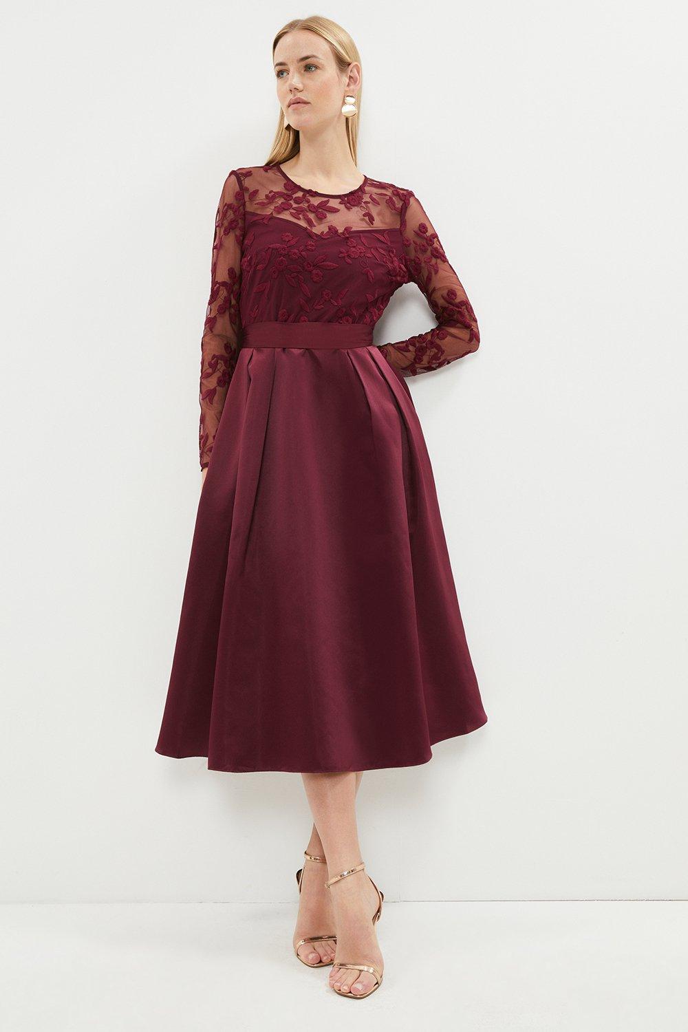 Embroidered Bodice Satin Skirt Dress - Aubergine