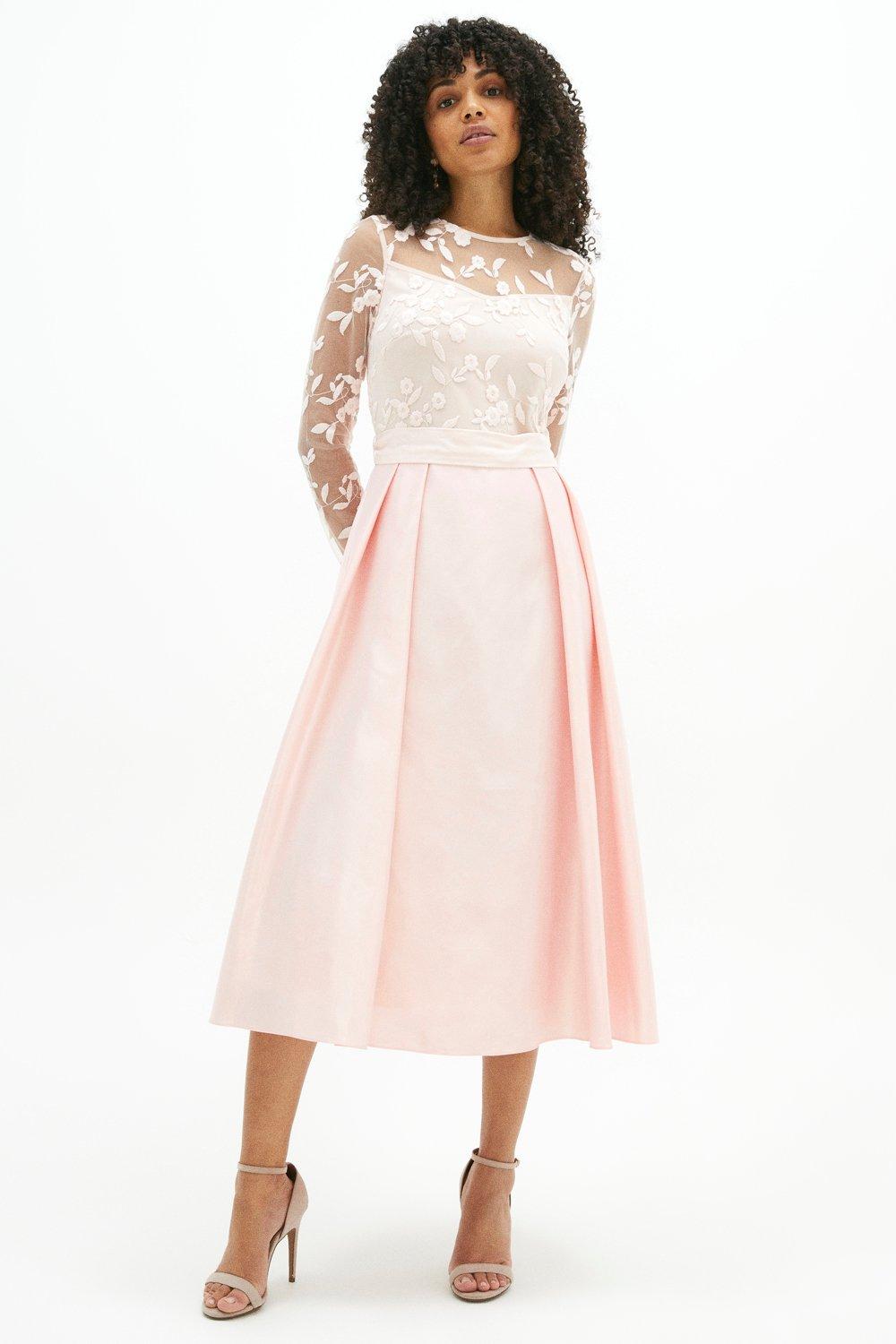 Embroidered Bodice Satin Skirt Dress - Pink