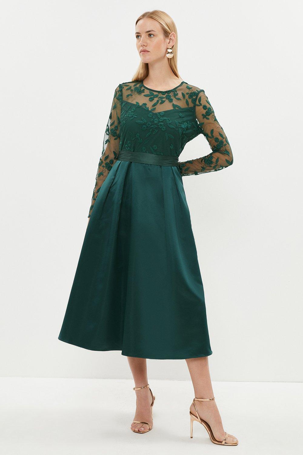 Embroidered Bodice Satin Skirt Dress - Green