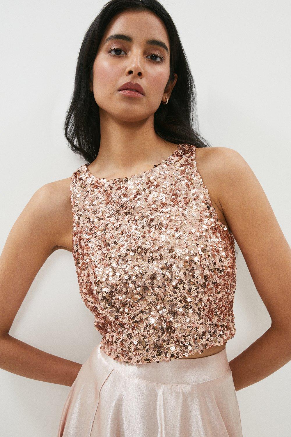 Sleeveless Sequin Cropped Top - Pink