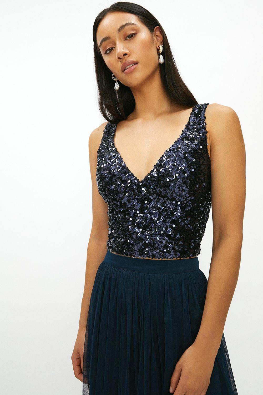 Bright Blue Sequin Deep Plunge Corset