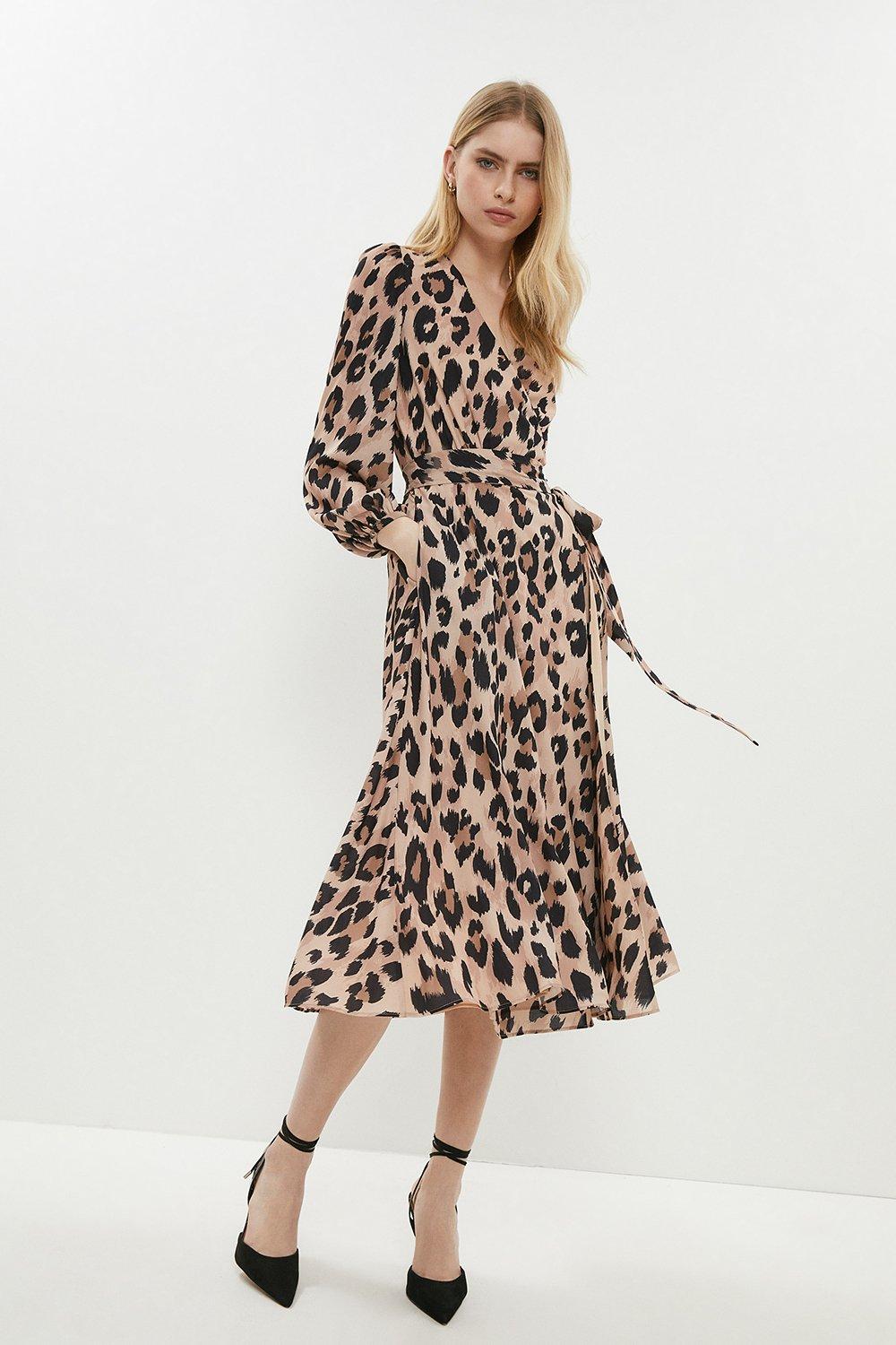 animal print wrap dress midi