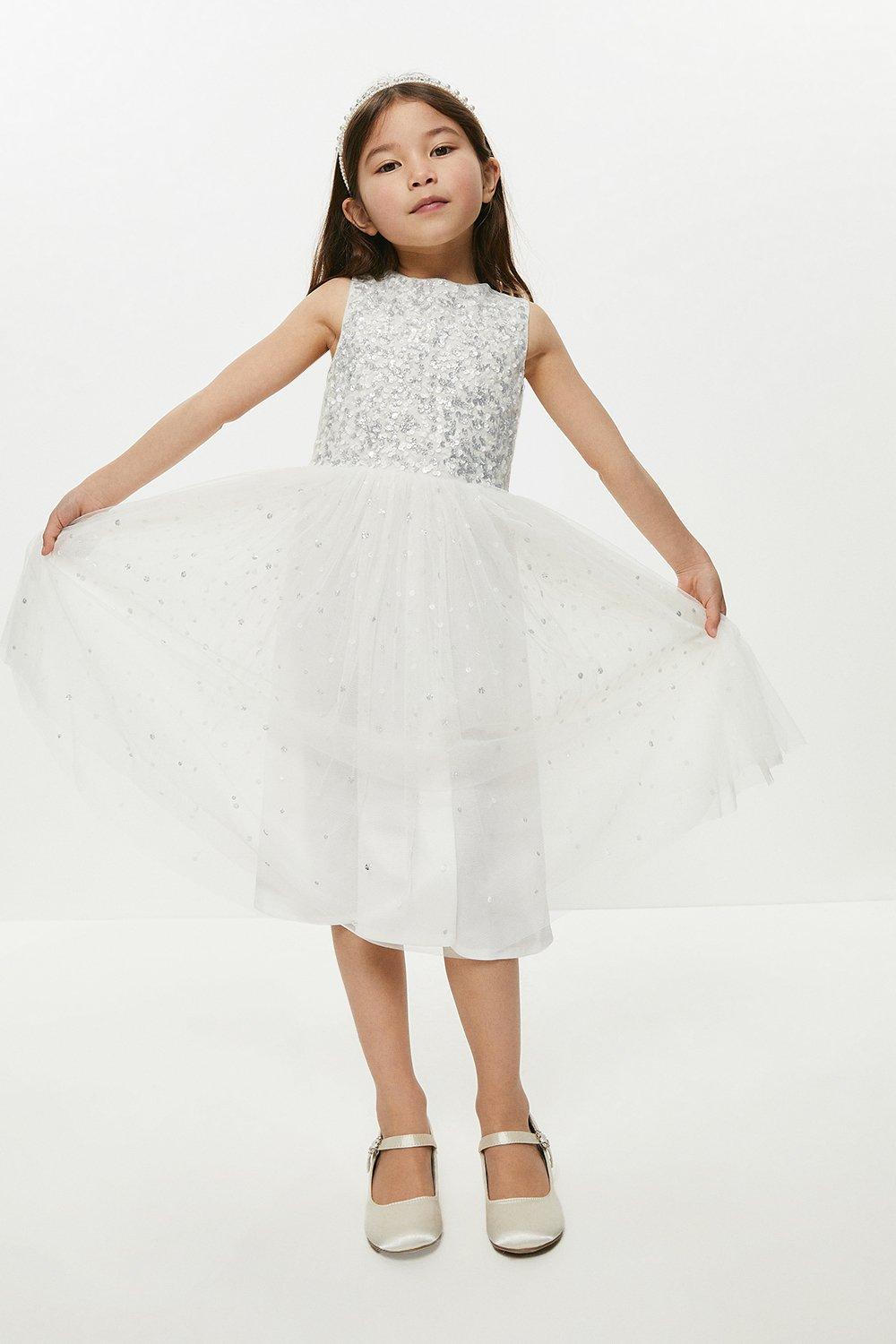 Girls Ombre Sequin Dress - Ivory