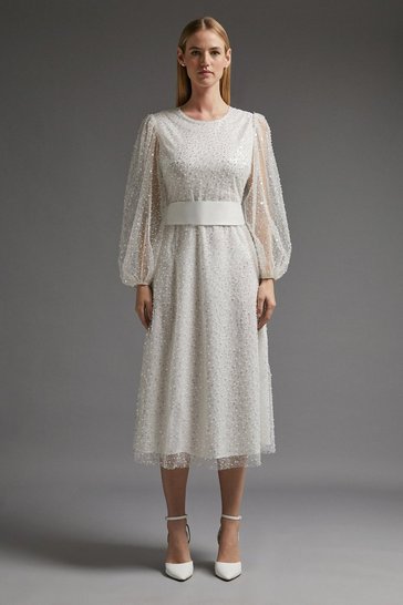 Coast – Embellished Mesh Long Sleeve Tie Waist Midi Dress Robes de mariée courtes The Wedding Explorer