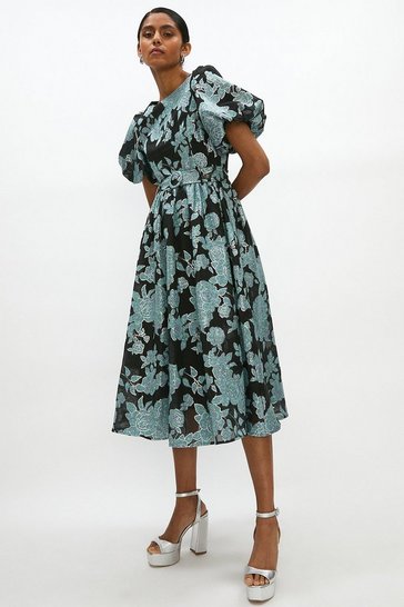 Midi Puff Sleeve Floral Dress With Belt ...