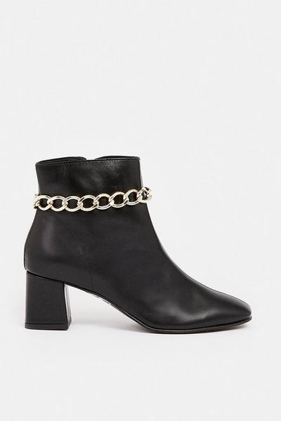 Leather Buckle Chain Detail Ankle Boot
