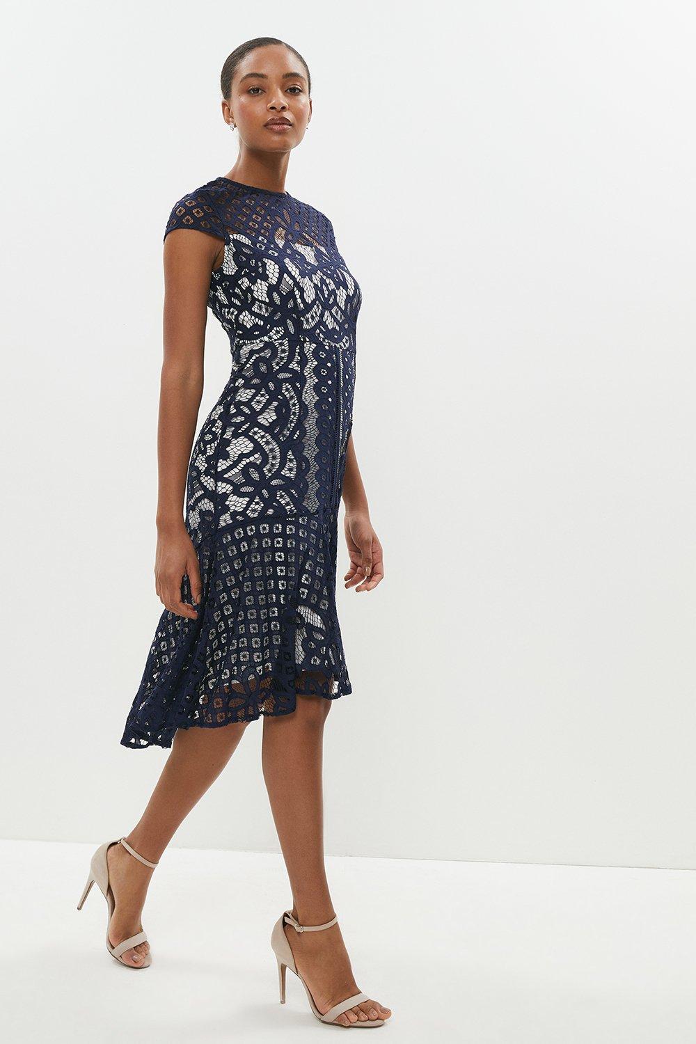 Capped Sleeve Lace Dress - Navy