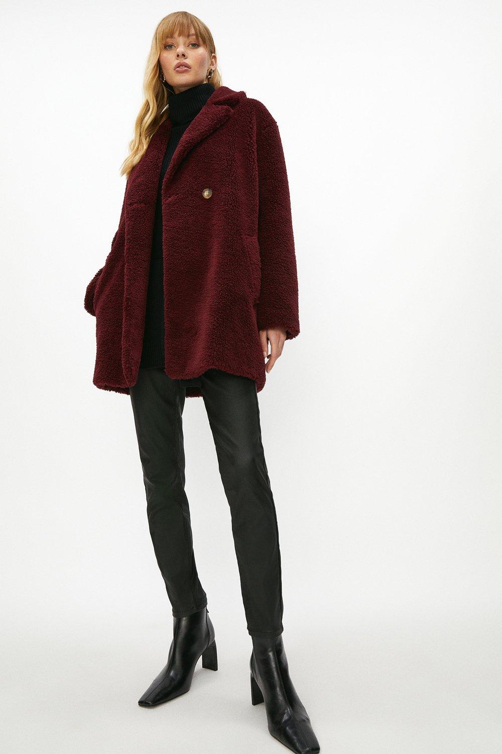 burgundy long teddy coat