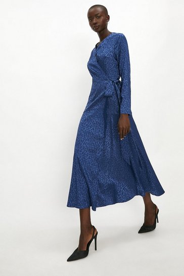 Satin Animal Jacquard Long Sleeve Wrap Midi Dress | Coast