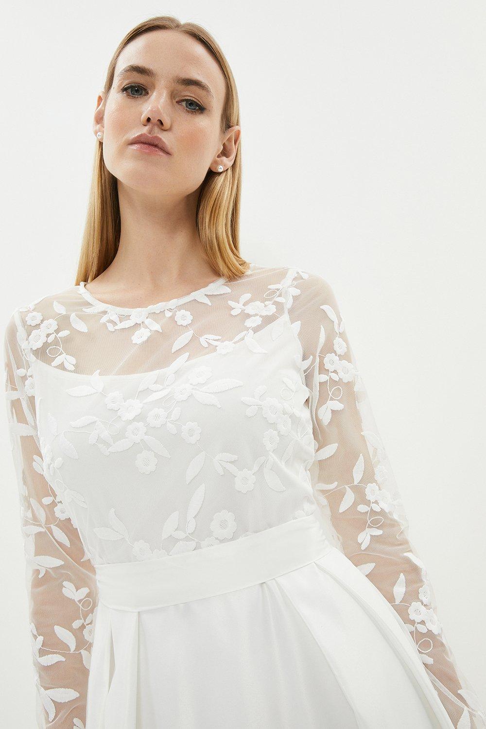 Embroidered Bodice Satin Skirt Dress - Ivory