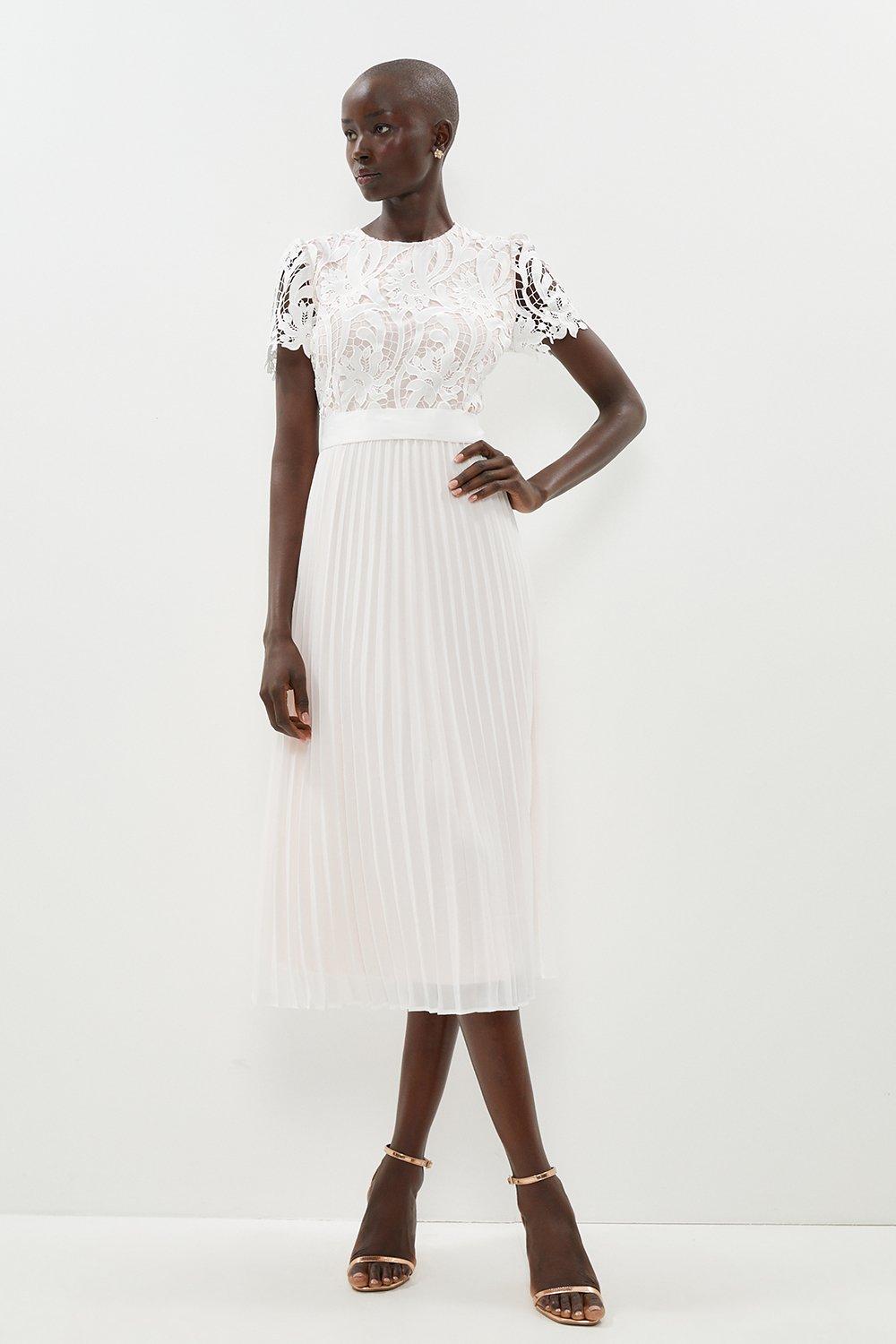 Belted Lace Bodice Pleat Skirt Midi Dress - Ivory