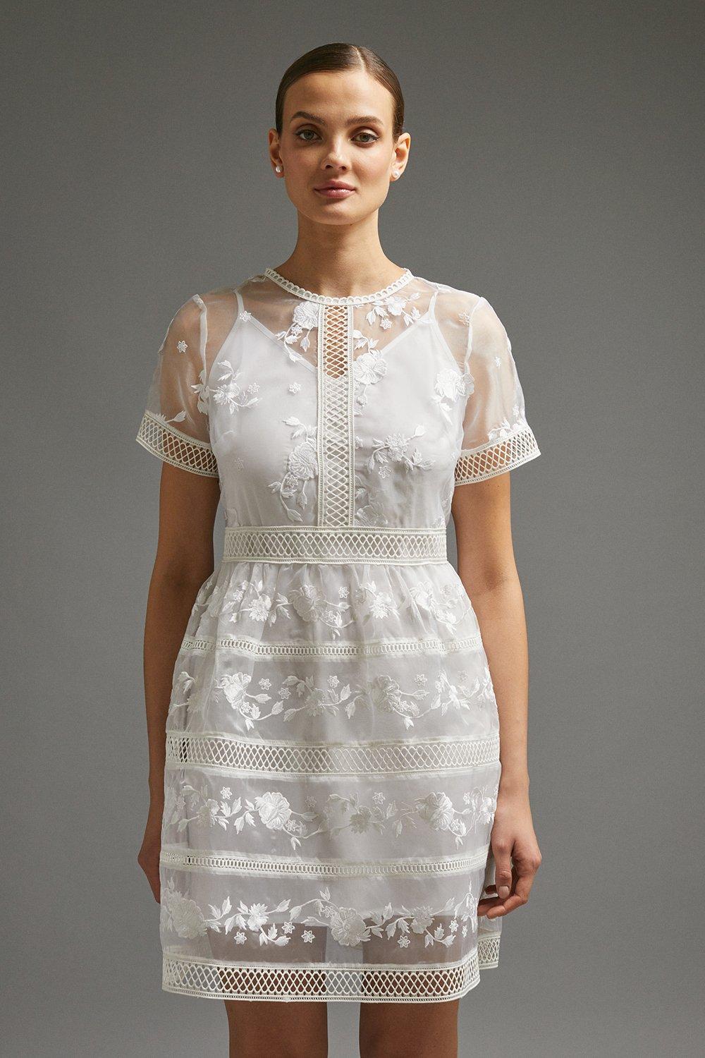 Premium Embroidered Organza Mini Dress - Ivory