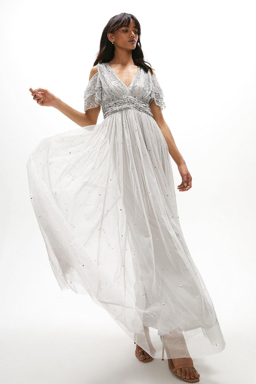 Cold Shoulder Embellished Maxi Dress - Silver