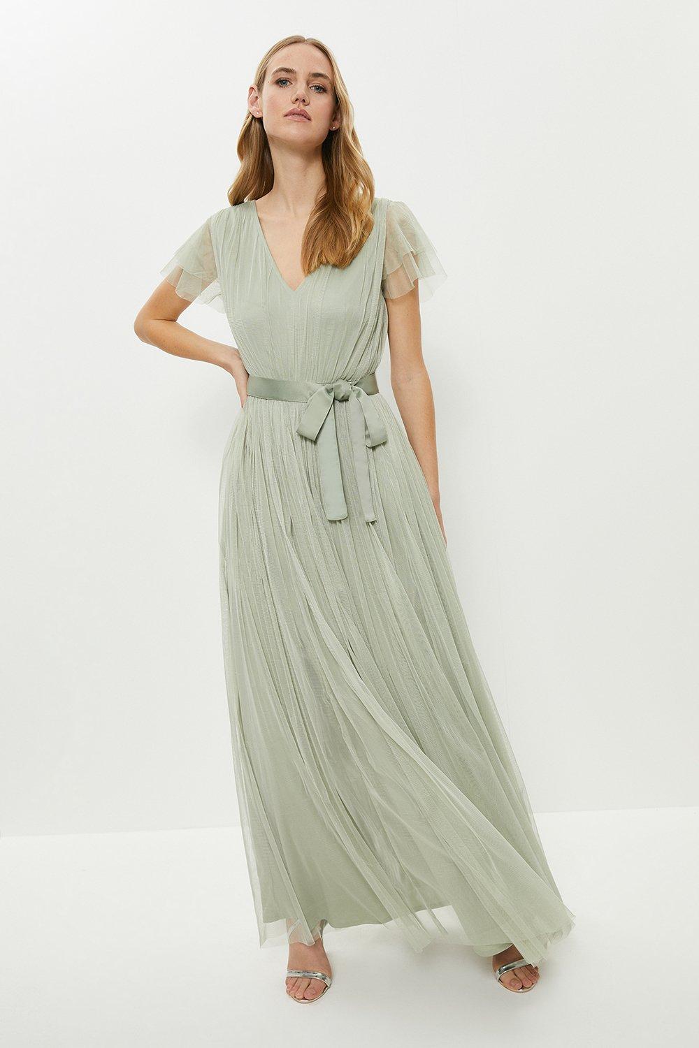 Tulle V-Neck Tie Belt Bridesmaid Maxi Dress - Green