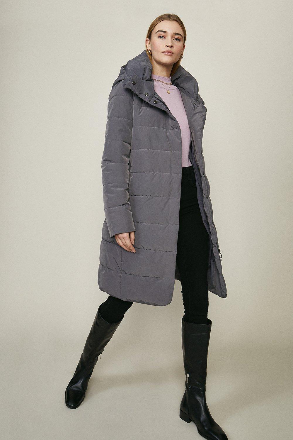 knee length puffer coat with hood