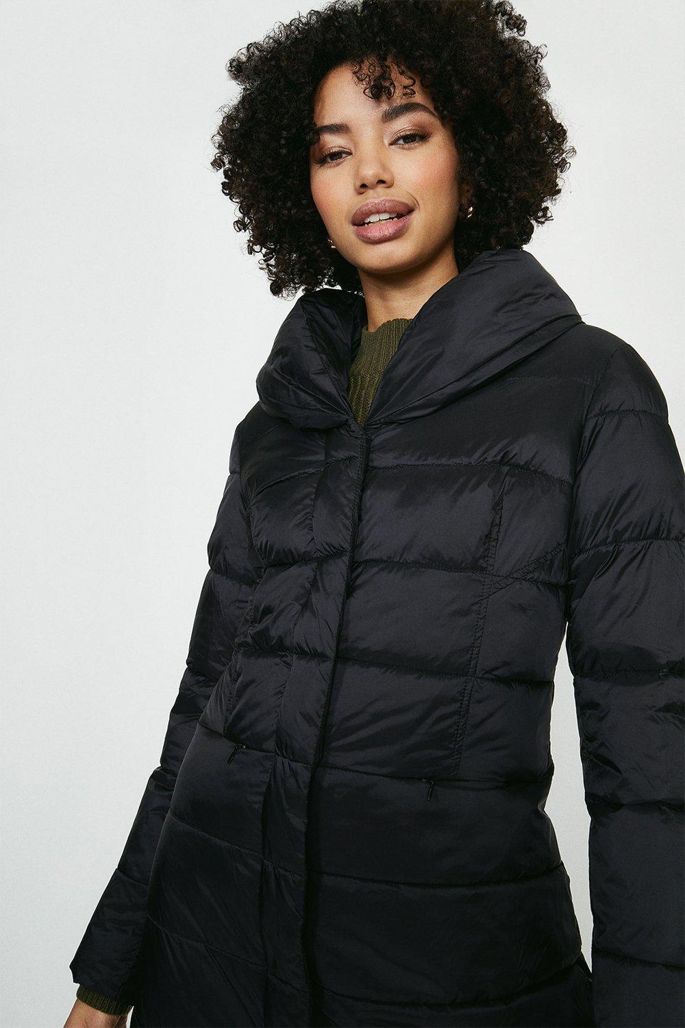 black puffer coat with tie waist