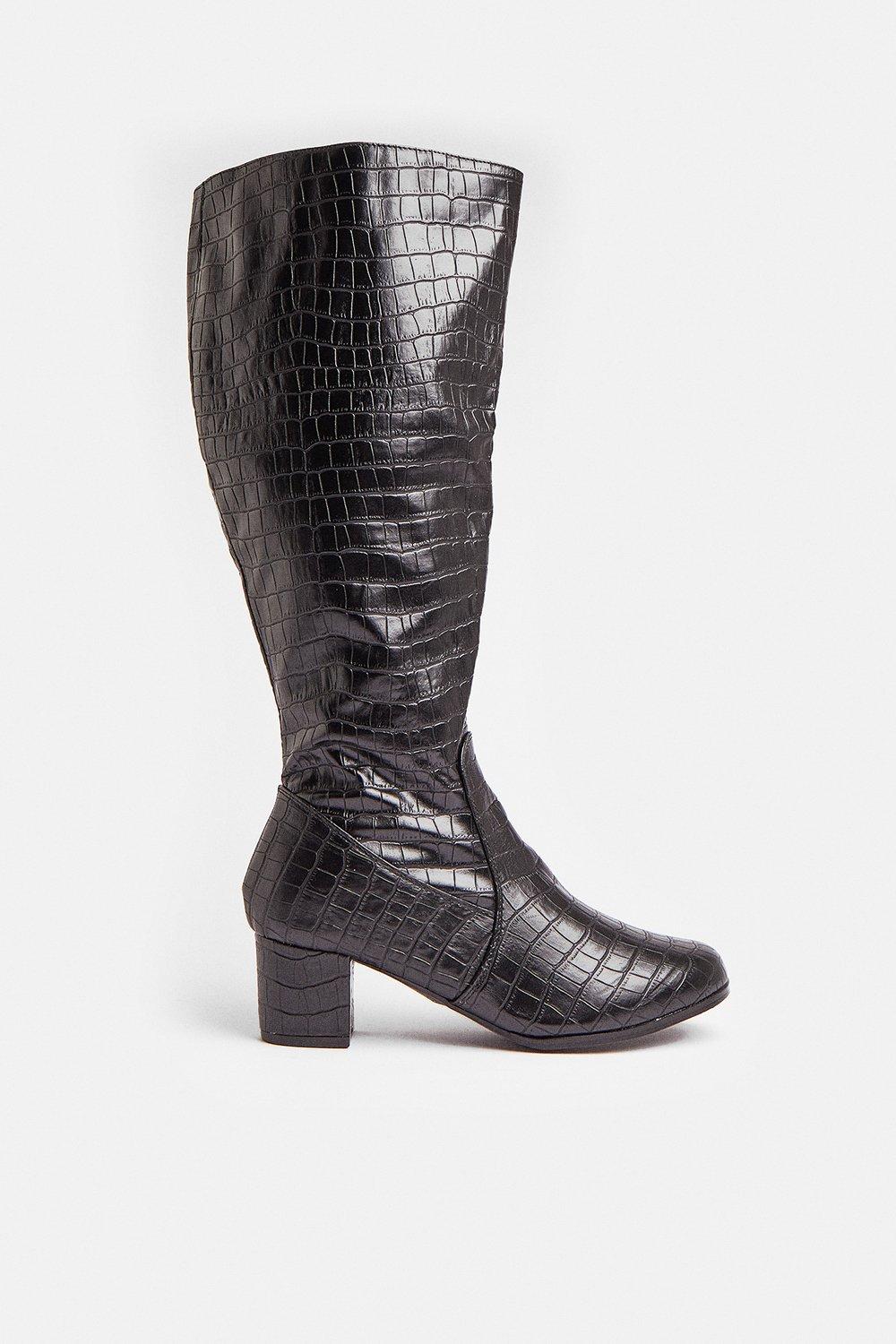 croc knee high block heel boots