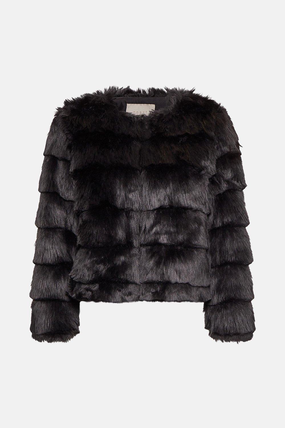 black collarless fur jacket
