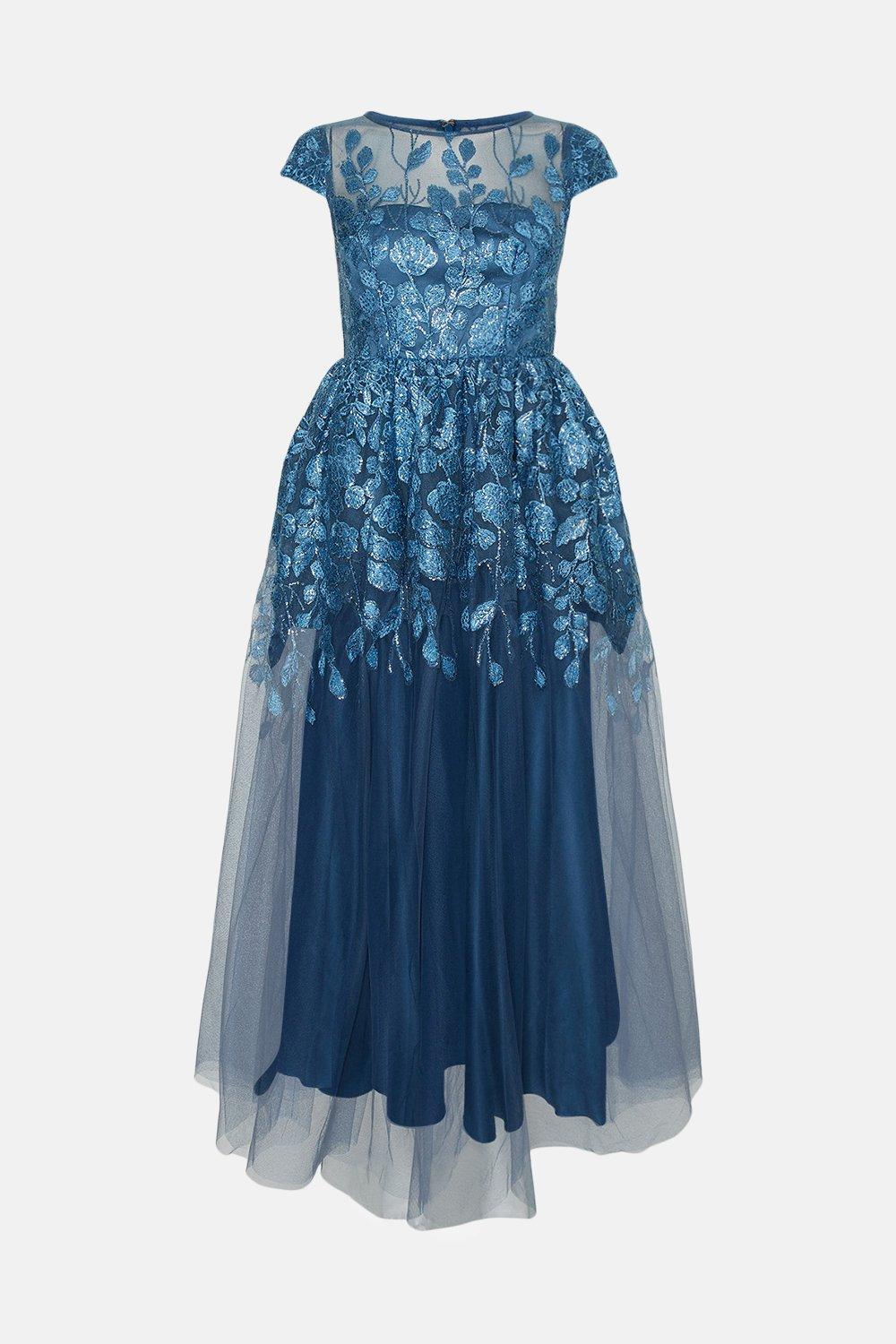 blue flower embroidered dress