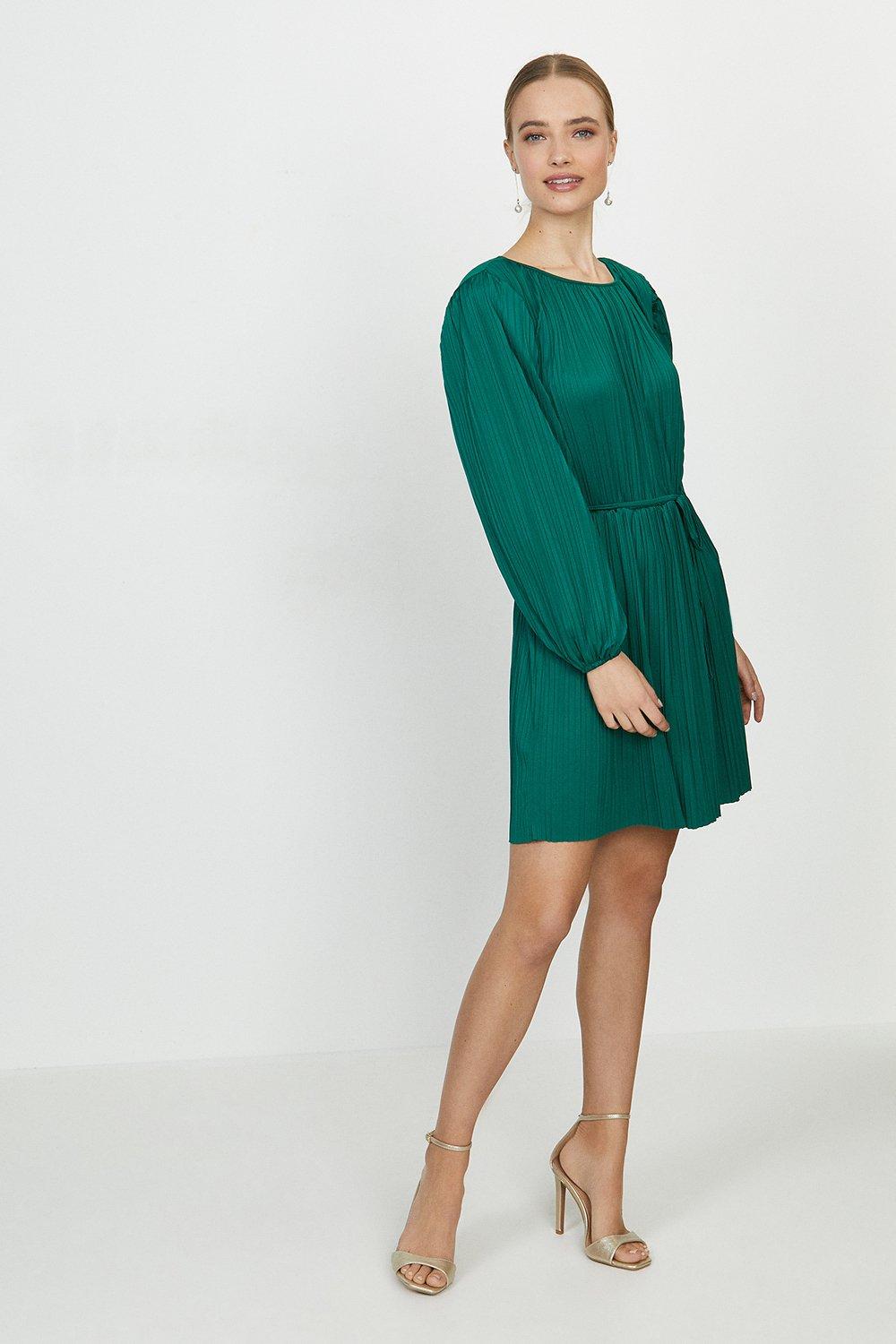 dark green tie waist plisse midi dress