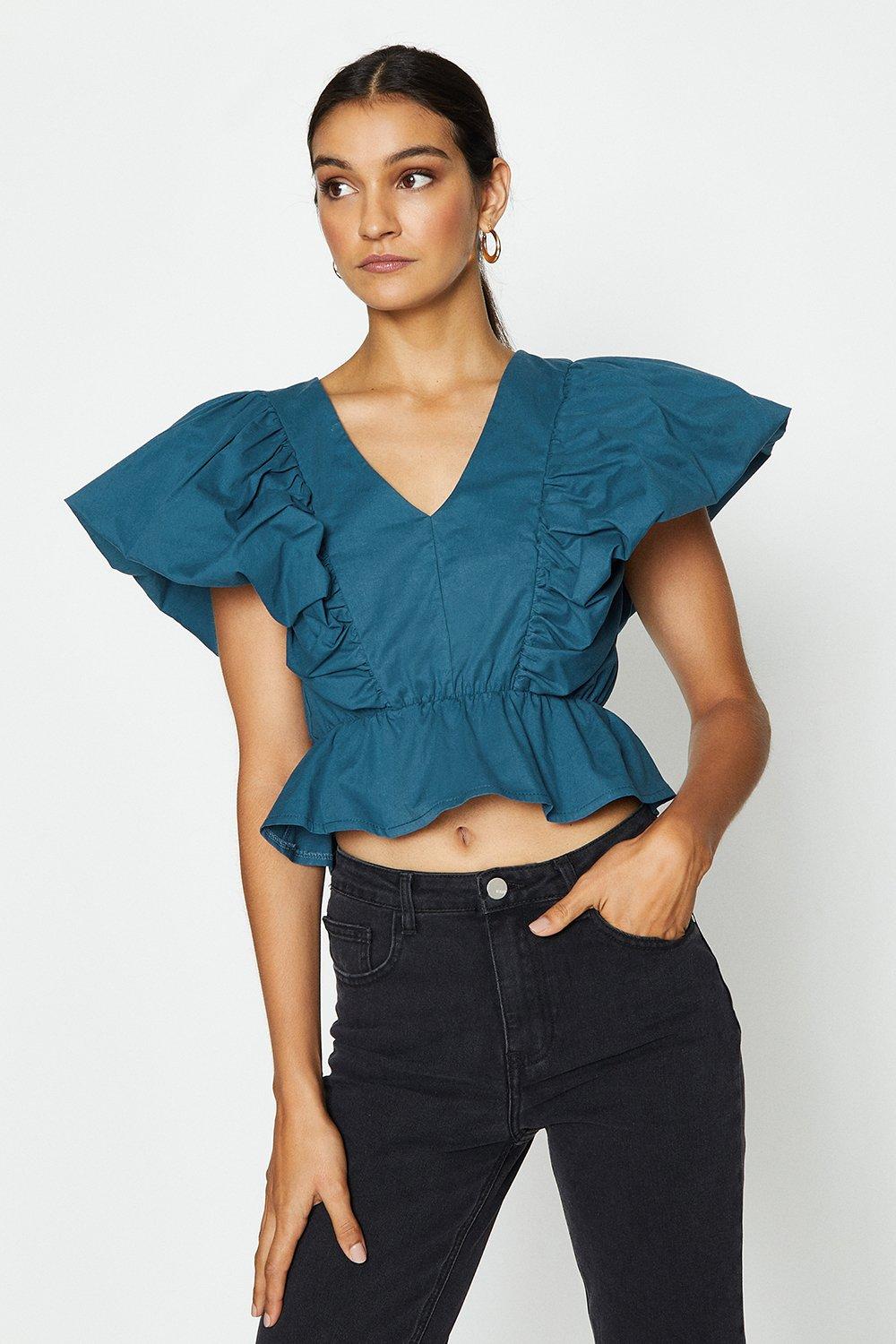 Deep V-Neck Poplin Peplum Top | Coast