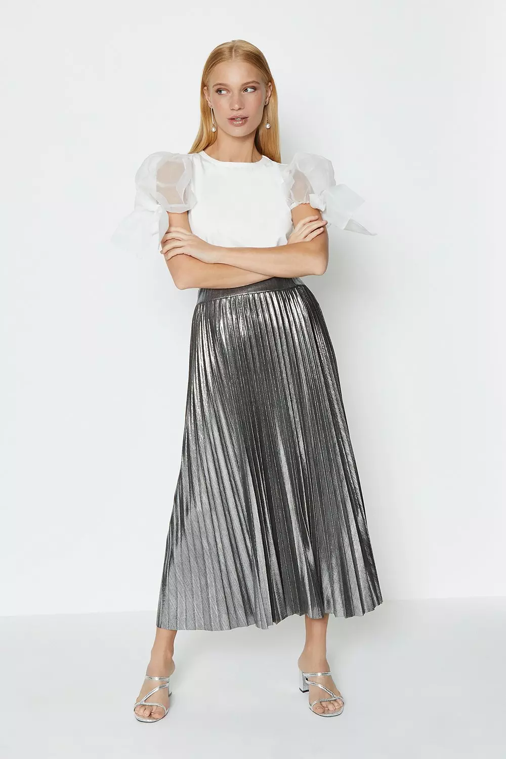 Topshop Faux Leather Pleated Midi Skirt In Silver | annadesignstuff.com