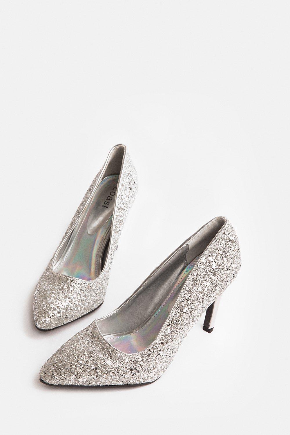 silver sparkly court shoes